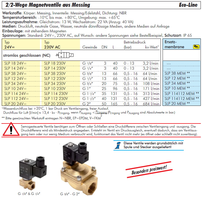 2/2-Wege Magnetventile aus Messing, Eco-Line, stromlos geschlossen