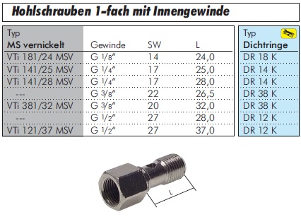 Hohlschraube, 1-fach Innengew. G 1/4-25,0mm, Messing vernickelt