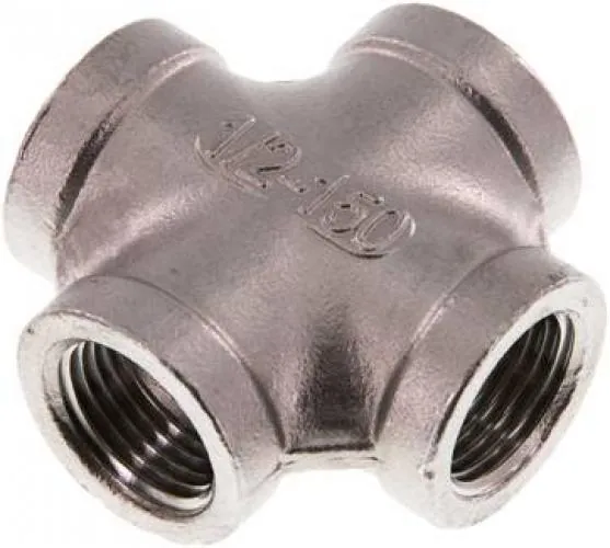 Kreuz-Stück Edelstahl 1.4408, Innengewinde (IG), 4-Wege-Verteiler, bis 16 bar