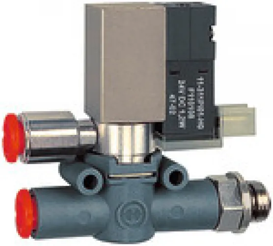 RIEGLER 3/2-Wege-Magnetventil, geführte Entlüftung, NC oder NO, Anschluss Schlauch–Gewinde