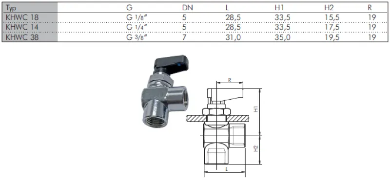 Abmessungen Winkel-Kugelhahn mit Knebelgriff für Schalttafeleinbau Messing verchromt PN 20 alle Größen