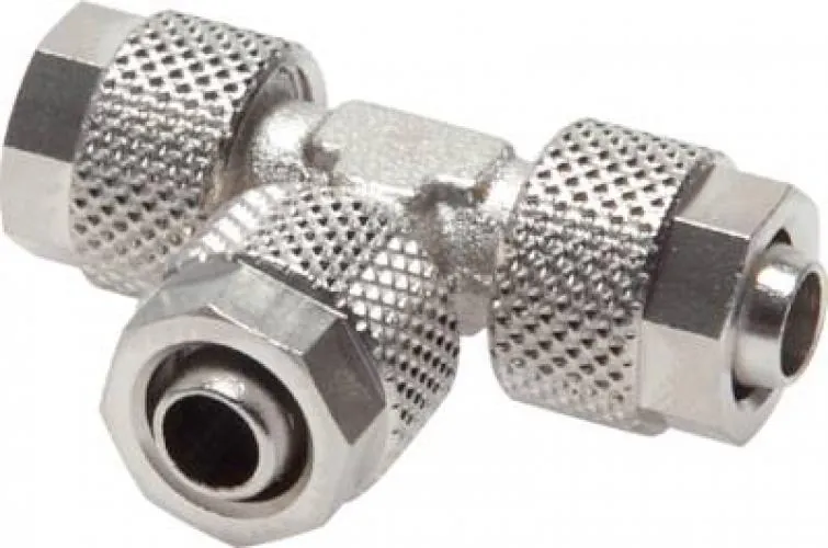 T-Verschraubungen auch reduzierend Messing vernickelt, alle Größen von www.pneumatikshop-online.de