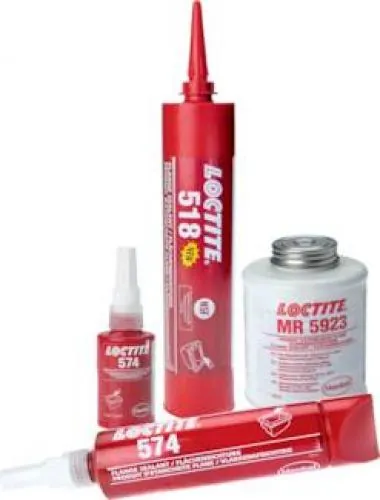 Verschiedene LOCTITE® Produkte zur Flächendichtung (Tuben und Flaschen) in der Übersicht
