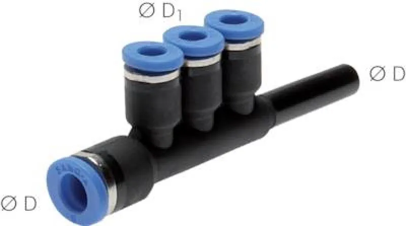 T-Mehrfachverteiler mit Stecknippel und 3 Abgängen IQS Standard von www.pneumatikshop-online.de