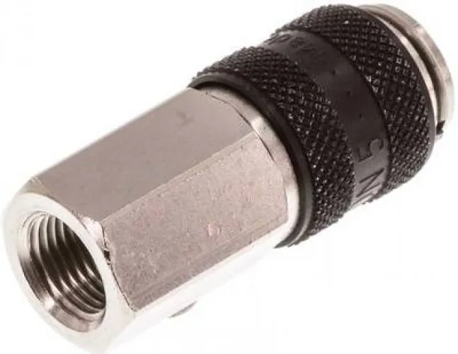 Kupplungsdosen mit Innengewinde, NW 5, Messing vernickelt, mit schwarzer Schiebehülse, alle Größen von www.pneumatikshop-online.de