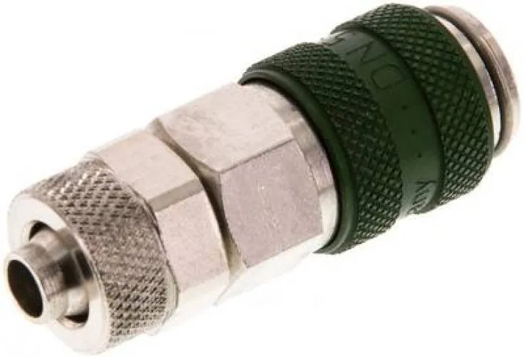 Kupplungsdosen mit Überwurfmutter, NW 5, Messing vernickelt, mit grüner Schiebehülse, alle Größen von www.pneumatikshop-online.de