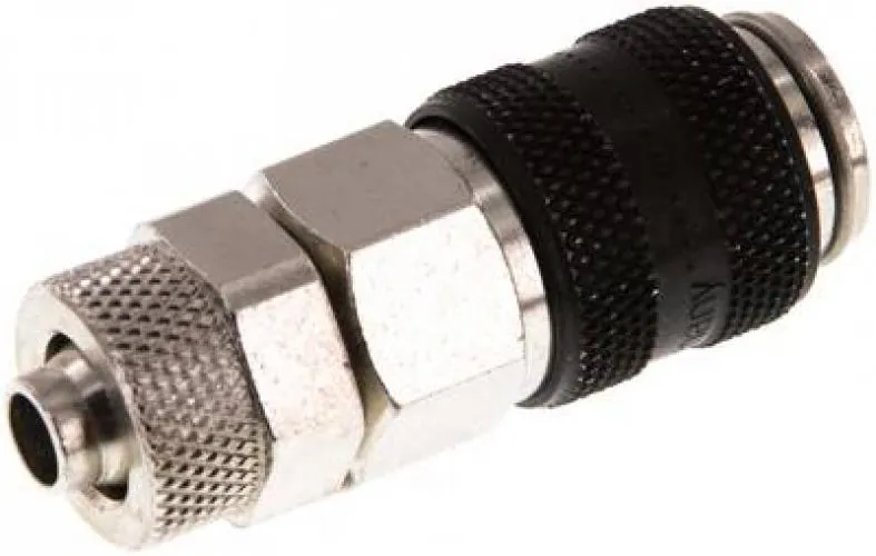 Kupplungsdosen mit Überwurfmutter, NW 5, Messing vernickelt, mit schwarzer Schiebehülse, alle Größen von www.pneumatikshop-online.de