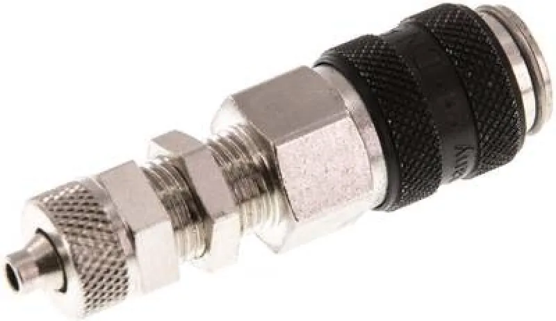 Kupplungsdosen mit Überwurfmutter & Schottgewinde, NW 5, Messing vernickelt, mit schwarzer Schiebehülse, alle Größen von www.pneumatikshop-online.de