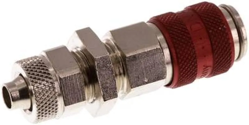 Kupplungsdosen mit Überwurfmutter & Schottgewinde, NW 5, Messing vernickelt, mit roter Schiebehülse, alle Größen von www.pneumatikshop-online.de