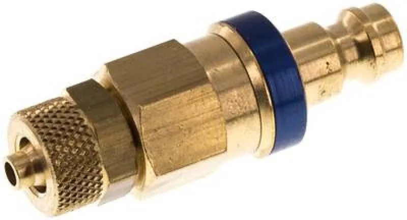 Kupplungsstecker mit Überwurfmutter, NW 5, Messing, mit blauer Farbmarkierung, alle Größen von www.pneumatikshop-online.de
