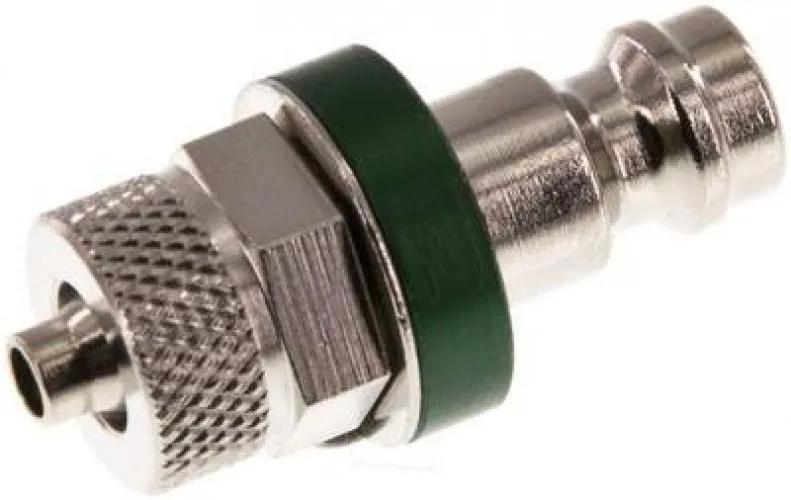 Kupplungsstecker mit Überwurfmutter, NW 5, Messing vernickelt, mit grüner Farbmarkierung, alle Größen von www.pneumatikshop-online.de