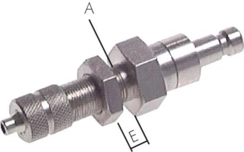 Pneumatik-Kupplungsstecker NW 2,7 mit Schottgewinde und Überwurfmutter aus vernickeltem Messing