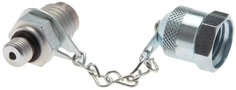Messanschluss M 16x2 aus glänzend verzinktem Stahl mit Außengewinde und Schutzkappe/Kette