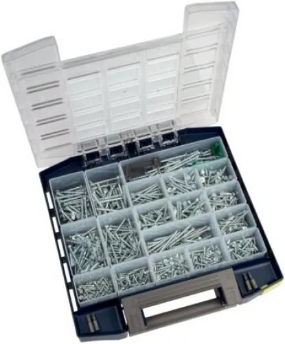 Abbildung der geöffneten fischer® Multibox, die die sortierten Spanplattenschrauben und die TORX® Bits zeigt