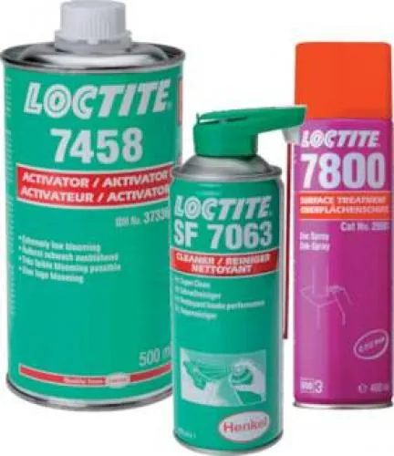 Übersichtsbild, das die verschiedenen LOCTITE® Produkte (Spraydosen, Flaschen) zur Oberflächenvorbereitung