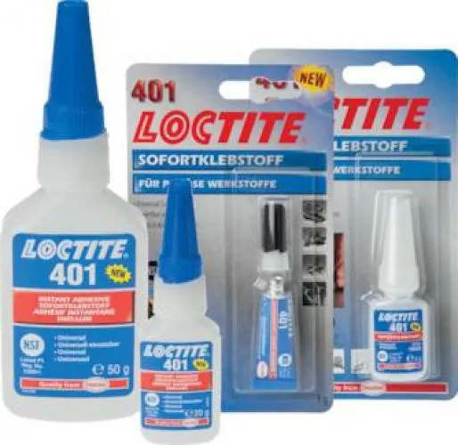 Übersichtsbild, das die verschiedenen LOCTITE® Sekundenkleber (Flaschen/Tuben) 401
