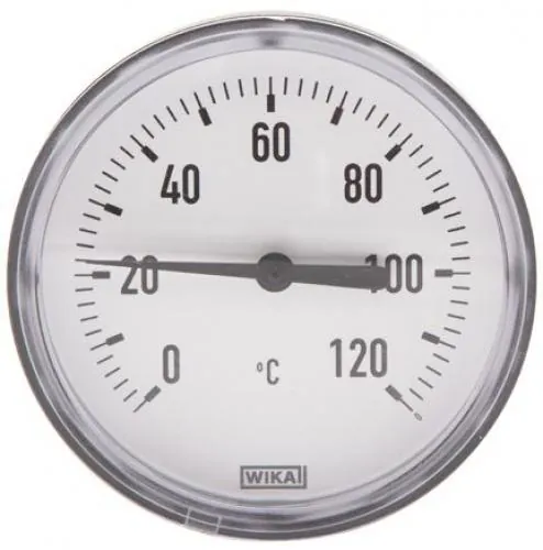 WIKA Bimetallthermometer mit schwarzem Kunststoffgehäuse, weißem Zifferblatt und waagerechtem Kupfer-Tauchrohr