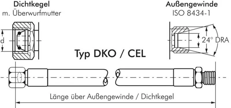 technische Darstellung Konfektionierter Hochdruckschlauch 2 Stahlgeflechte Innen-/Außengewinde