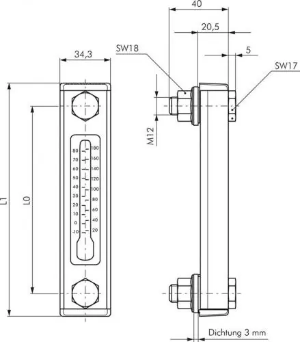Explosionszeichnung einer HYDAC FSA-Anzeige mit Aluminiumrahmen und Kunststoff-Sichtrohr