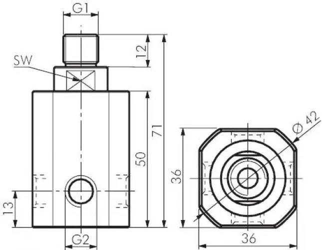 Detailaufnahme der vier Abgänge und des zentralen Zulaufs am Verteiler