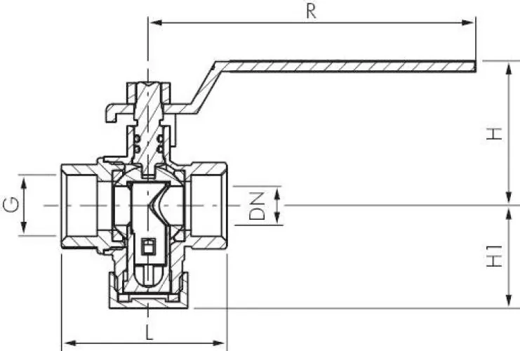 Zeichnung Kugelhahn 2-teilig Messing vernickelt IG mit integriertem Schmutzfänger bis 30 bar alle Größen
