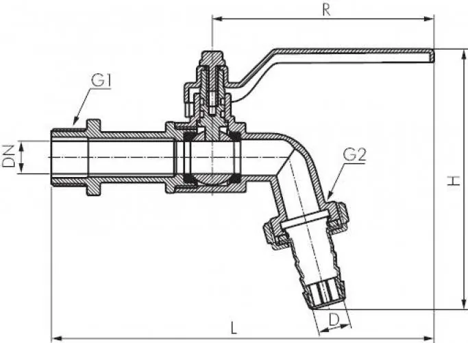 Zeichnung Kugelauslaufhahn Messing vernickelt bis 15 bar alle Größen