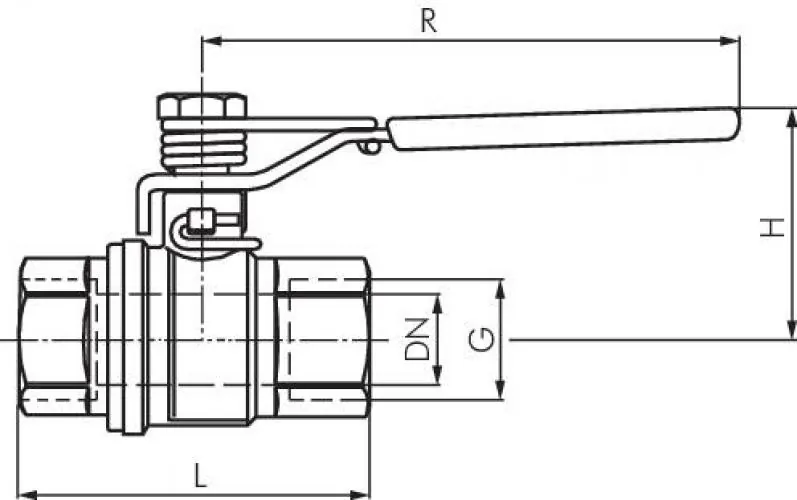 Zeichnung Kugelhahn mit Federrückstellung Messing vernickelt IG 40–65 bar alle Größen