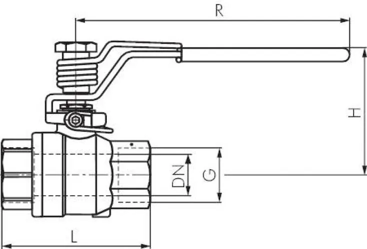 Zeichnung Edelstahl-Kugelhahn mit Federrückstellung IG 40–63 bar alle Größen