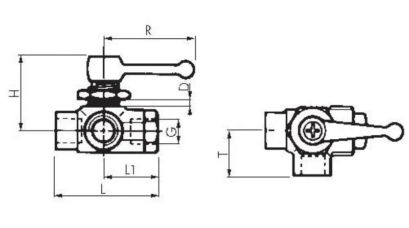 Zeichnung 3-Wege L-Kugelhahn mit langem Griff für Schalttafeleinbau Messing vernickelt PN 20 alle Größen