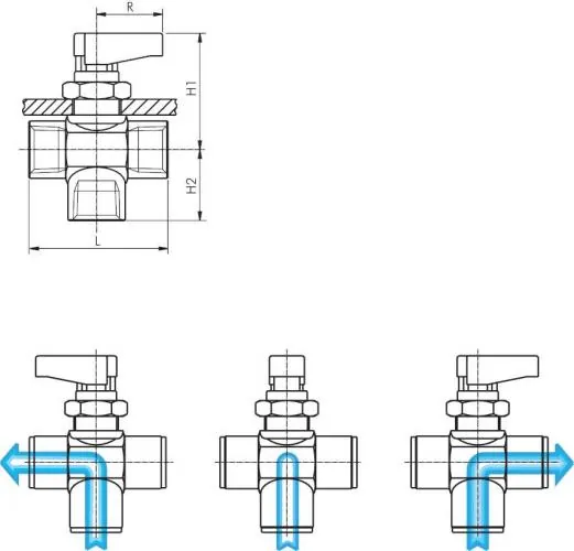 Zeichnung 3-Wege Kugelhahn mit Knebelgriff für Schalttafeleinbau Messing verchromt PN 20 alle Größen
