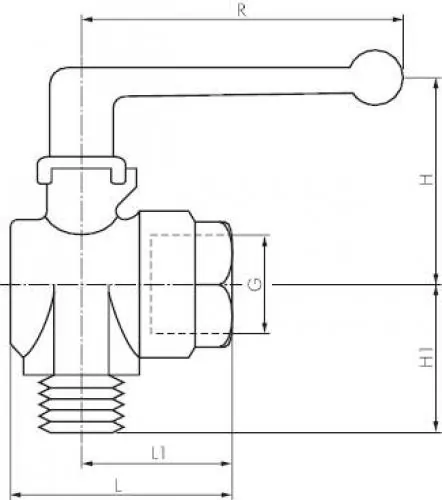 Zeichnung Winkel-Kugelhahn mit langem Griff Messing vernickelt PN 20 alle Größen