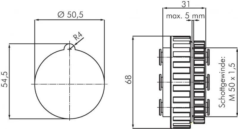 Detailansicht Darstellung einer nicht absperrenden Mehrfachkupplung (Muffen & Stecker-Teil) mit Schottgewinde