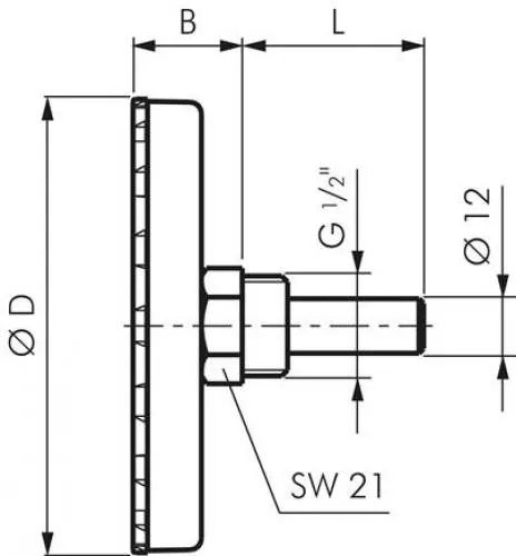 Zeichnung WIKA Bimetallthermometer mit schwarzem Kunststoffgehäuse, weißem Zifferblatt und waagerechtem Kupfer-Tauchrohr