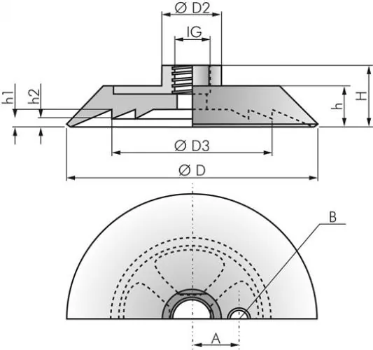 Flachsauger mit Standardlippe und einvulkanisiertem Halter, Ø 30 - 225 mm, alle Typen