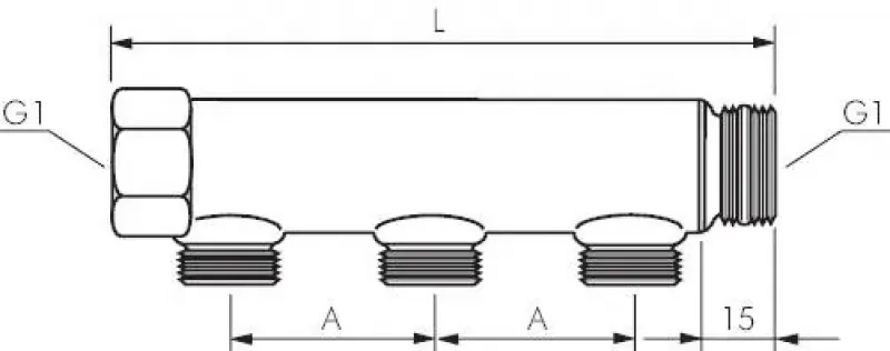 Detailansicht der zwei Abzweige am Messing-Verteilerrohr für Druckluft- und Wasseranwendungen