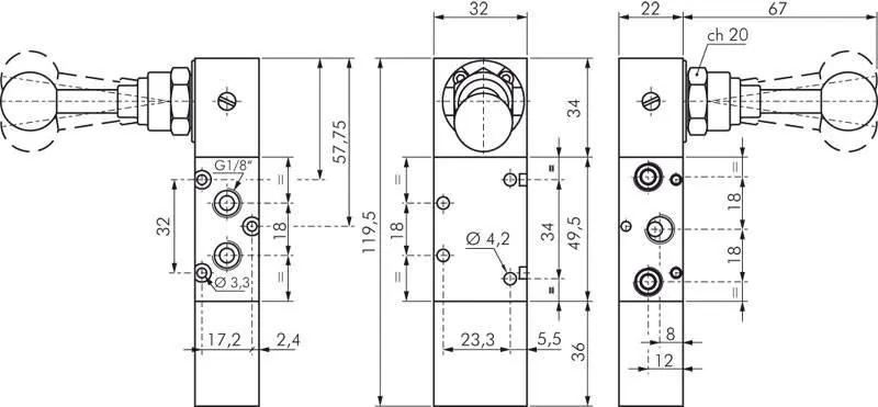 5/3-Wege-Handhebelventile G 1/8" – Federrückstellung – Baureihe XMV 1000 Standard