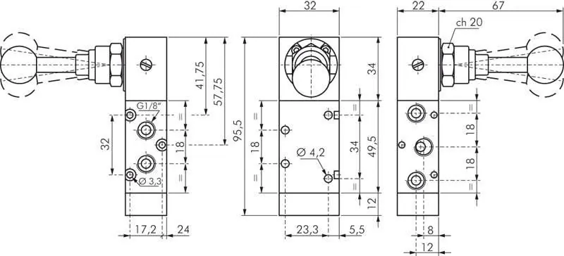 5/3-Wege-Handhebelventile G 1/8" – mit Raste – Baureihe XMV 1000 Standard