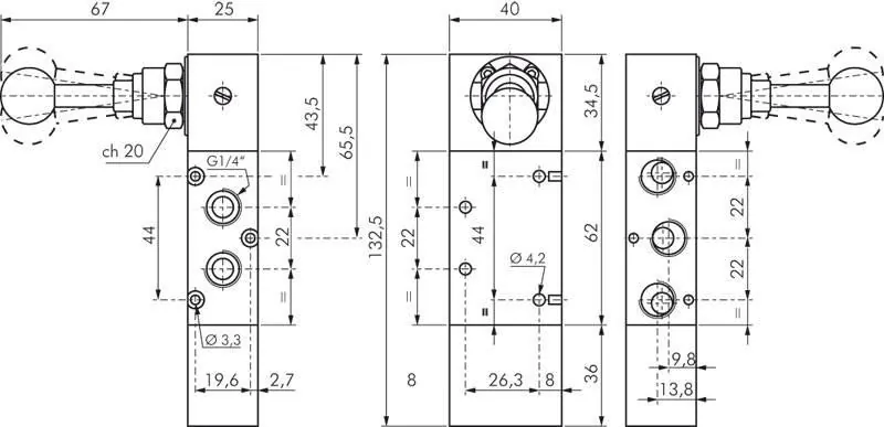 5/3-Wege-Handhebelventile G 1/4" – Federrückstellung – Baureihe XMV 2000 Standard