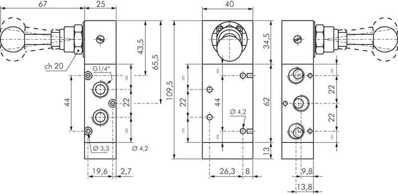 5/3-Wege-Handhebelventile G 1/4" – mit Raste – Baureihe XMV 2000 Standard