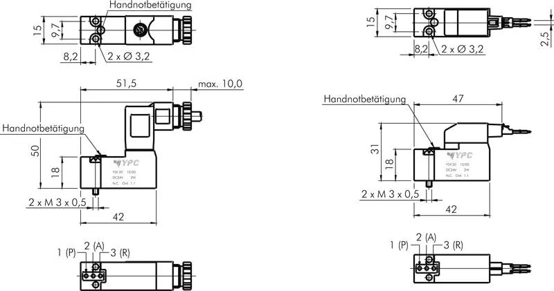 3/2-​Wege-Magnetventil Federrückstellung M5 Baureihe YSV20 YPC mit Flansch geschlossen (NC), alle Typen