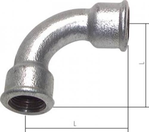 Bogen 90° Temperguss verzinkt Typ 2 /G1 lang mit Innengewinde PN 25, alle Größen