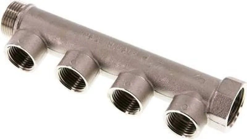 Verteilerrohr Messing vernickelt, 4 Abgänge, Innen- & Außengewinde (IG/AG), PN 10