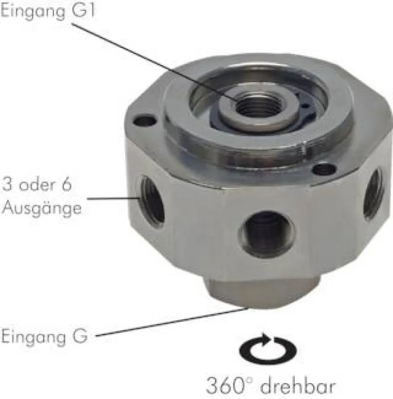 Drehverteiler Messing vernickelt, 3-fach & 6-fach, bis 300 min⁻¹, alle Größen