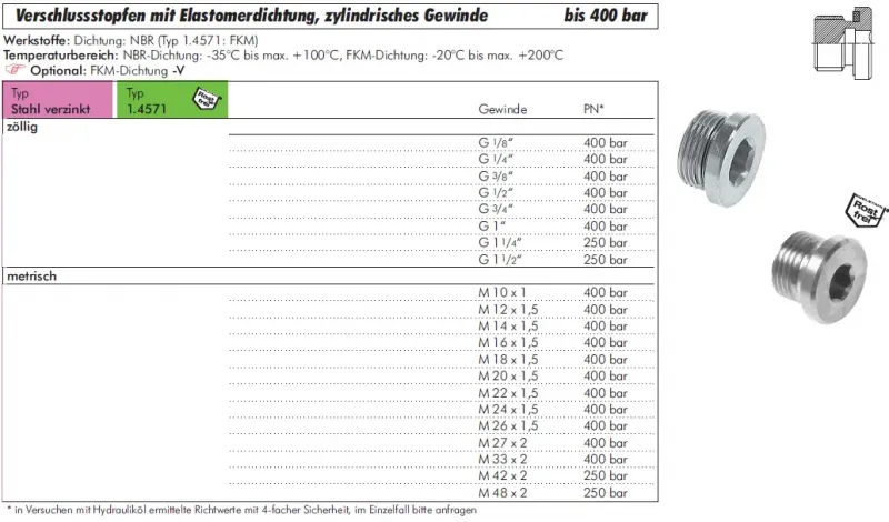 Größentabelle Verschlussschraube Edelstahl 1.4571 metrisch mit Elastomerdichtung (PN 400)