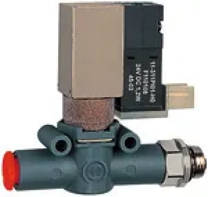 RIEGLER 3/2-Wege-Magnetventil, schallgedämpfte Entlüftung, NC oder NO, Anschluss Schlauch–Gewinde