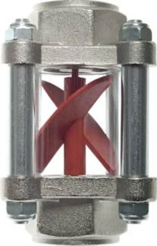 Robuste Flügelrad-Durchflussanzeige aus Messing mit Sichtglas und Flügelrad im Inneren (PN 30)