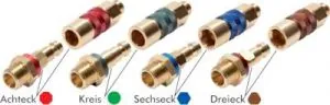 Kupplungsstecker mit Außengewinde, NW 5, Messing, Stecker, Kupplung, mit roter Farbmarkierung Kupplungsstecker mit Außengewinde, NW 5, Messing, Stecker, Kupplung, mit roter Farbmarkierung