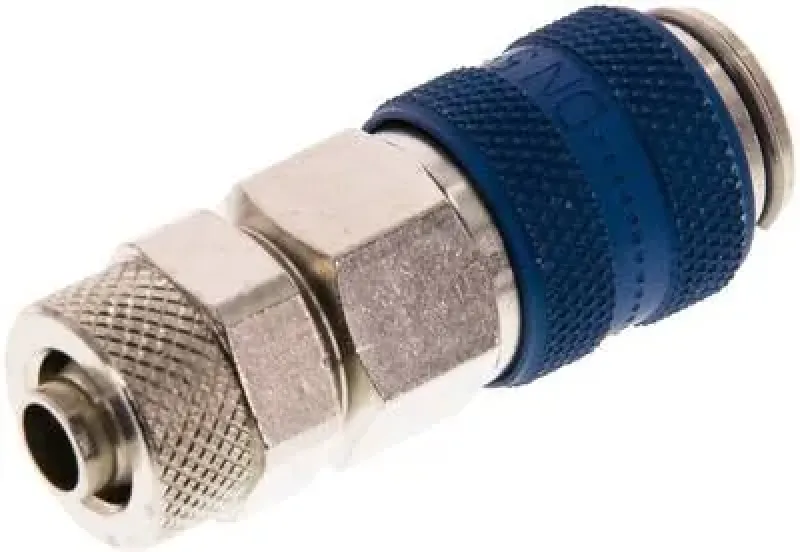 Kupplungsdosen mit Überwurfmutter, NW 5, Messing vernickelt, mit blauer Schiebehülse, alle Größen von www.pneumatikshop-online.de