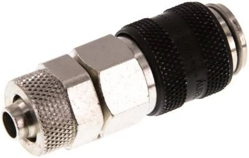 Kupplungsdosen mit Überwurfmutter, NW 5, Messing vernickelt, mit schwarzer Schiebehülse, alle Größen von www.pneumatikshop-online.de