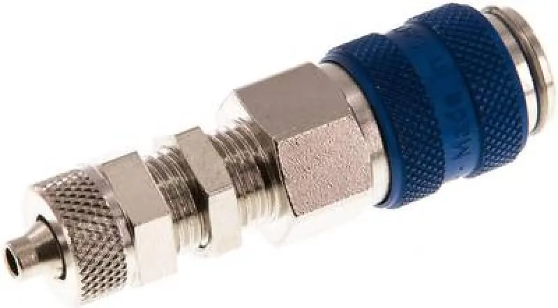 Kupplungsdosen mit Überwurfmutter & Schottgewinde, NW 5, Messing vernickelt, mit blauer Schiebehülse, alle Größen von www.pneumatikshop-online.de